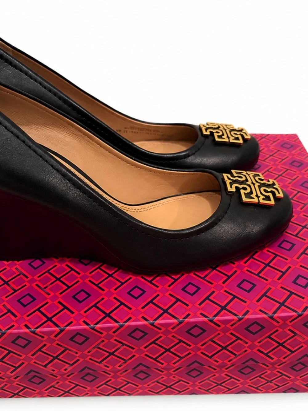 Tory Burch Black Leather Wedge Pumps with Gold Logo